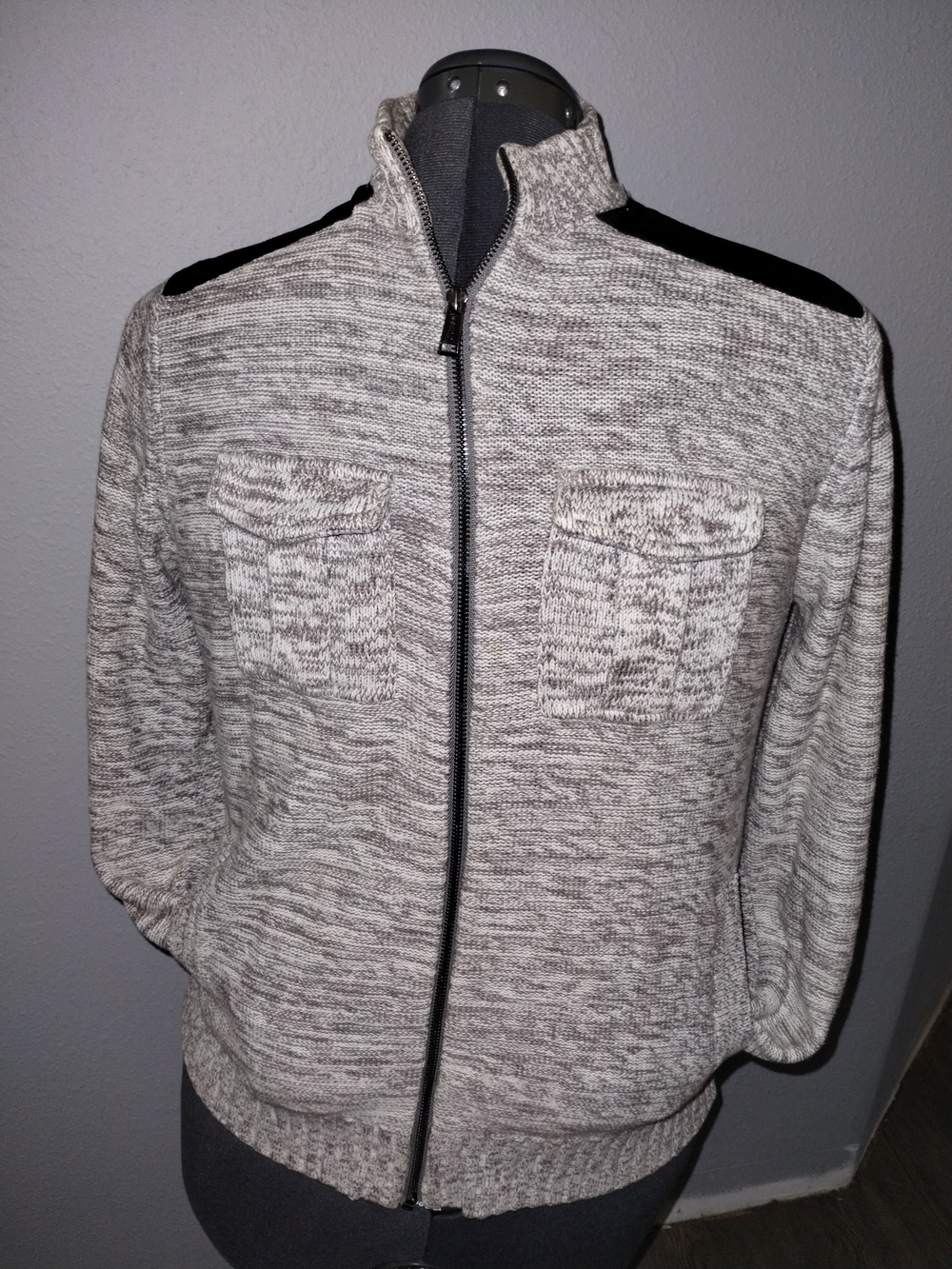 Guess Men's Gray and Black Zip-Up Sweater